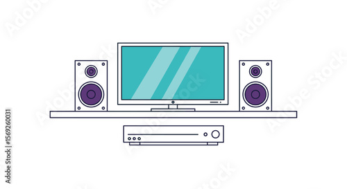 Modern home entertainment system setup with flat screen tv and speakers on shelf