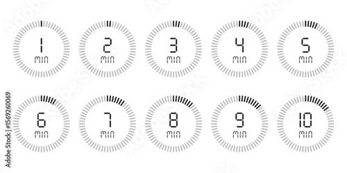 Timer, 1, 2, 3, 4, 5, 6, 7, 8, 9, 10 min. Stopwatch isolated set icons. Countdown timer symbol icon set. vector illustration.
