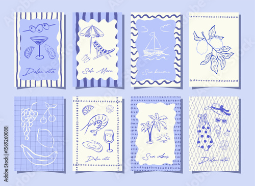 Collection celebration summer cards with elements on the theme of relaxation and the sea in italian sketch style. Mediterranean lifestyle. Perfect for poster, cover, label. Flat vector illustration.