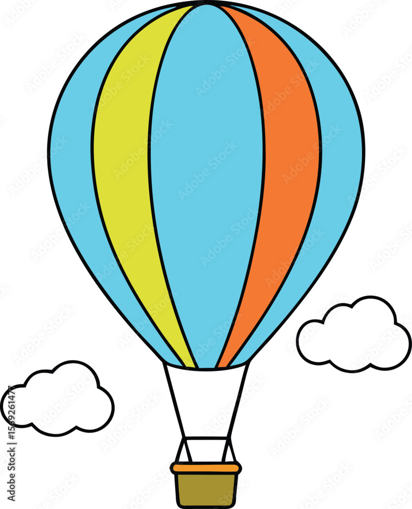 Fototapeta premium A colorful hot air balloon floating in a clear blue sky with soft white clouds, vector illustration, clean white background