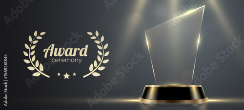 Award podium with glass trophy with laurel wreath on dark background. Symbol of victory, achievement, success, rewarding of winner. Vector illustration