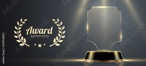 Award podium with glass trophy with laurel wreath on dark background. Symbol of victory, achievement, success, rewarding of winner. Vector illustration