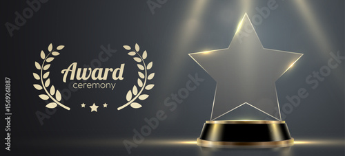 Award podium with glass trophy with laurel wreath on dark background. Symbol of victory, achievement, success, rewarding of winner. Vector illustration
