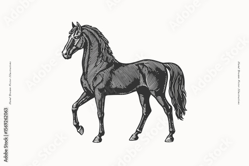 Walking horse in side view. Hand drawn vintage style black and white vector illustration. Farm animal and equestrian concept. Design for print, poster, card, invitation, banner