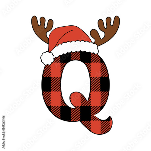 Christmas letter Q with plaid, antlers, and Santa hat, Festive uppercase letter Q decorated with a red plaid pattern, Santa hat, and cartoon antlers, perfect for Christmas crafts and holiday-themed 

