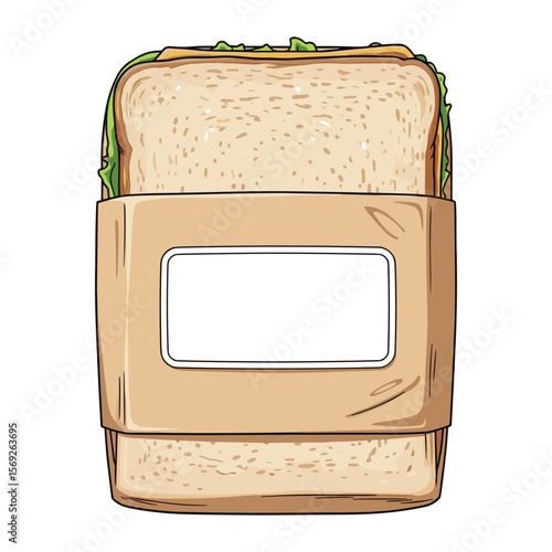 Illustration of a fresh sandwich with salad in brown paper packaging for branding mockup
