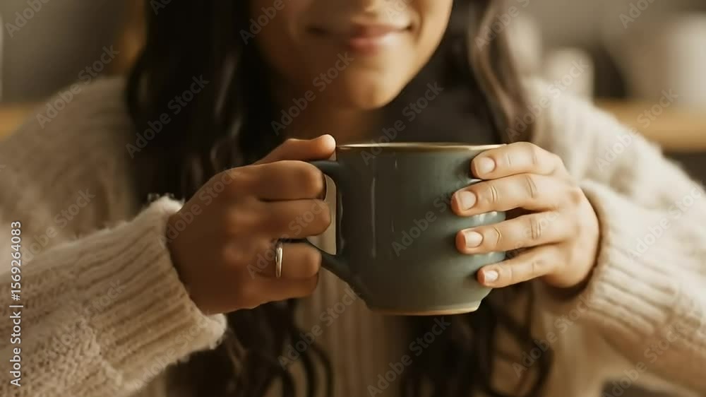 A young woman enjoys a warm beverage in a cozy indoor setting. A young woman enjoys a warm beverage in a cozy indoor setting.