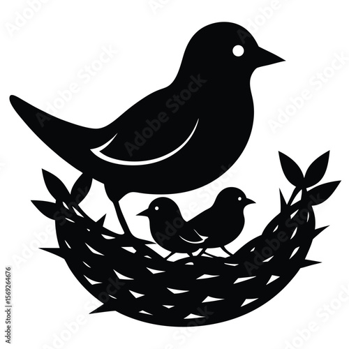 Bird Nest Silhouette with Mother and Chicks