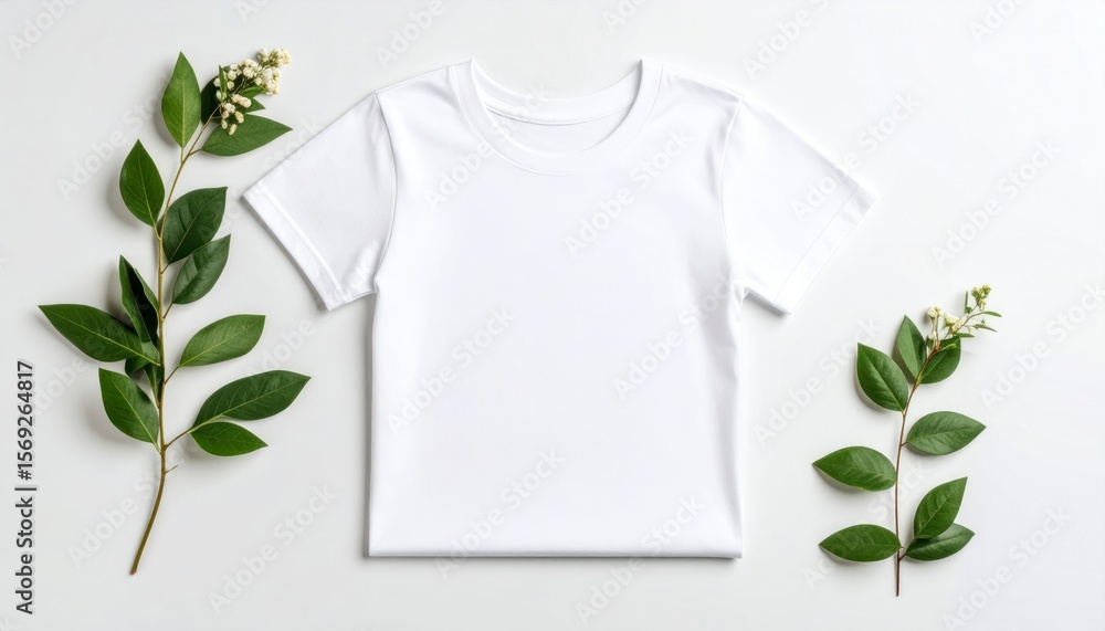 Clean White T-Shirt Mockup Flat Lay with Green Leaf Arrangement on Bright White Background Clean White T-Shirt Mockup Flat Lay with Green Leaf Arrangement on Bright White Background