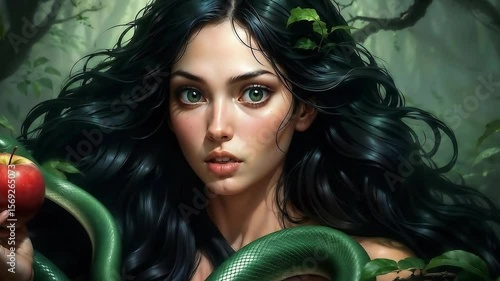 The serpent tempted Eve to eat the forbidden fruit. Bible scene religious concept.