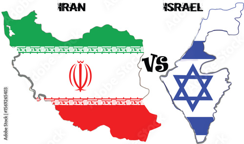 Geopolitical illustration featuring a map of Iran and Israel. The image shows political tensions. Suitable for editorial purposes, international news articles, or analysis of Middle East relations.