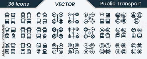 Collection of 36 vector icons representing various public transportation vehicles and directional symbols for urban mobility and travel planning