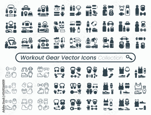 Collection of stylized vector icons representing various fitness and workout gear including weights shoes and apparel