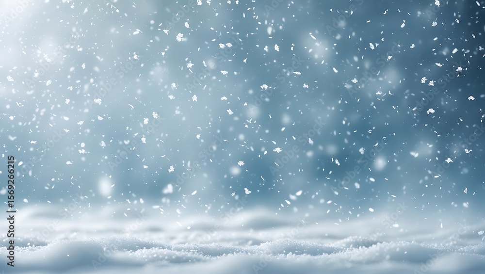 Fototapeta premium Serene Winter Snowfall: Falling Snowflakes over Pristine Snowdrift, Soft Blue Background, Peaceful Holiday Atmosphere.