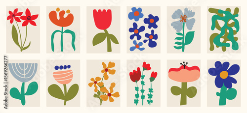 Abstract floral vector illustration set, minimal flower clipart, modern retro botanical elements for wall art and posters.
