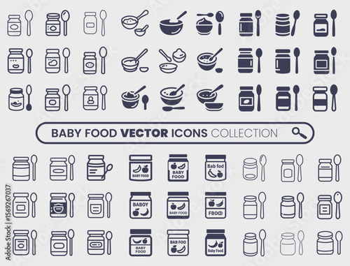 Collection of simple line art baby food jars and spoons in various styles representing pureed foods and infant nutrition