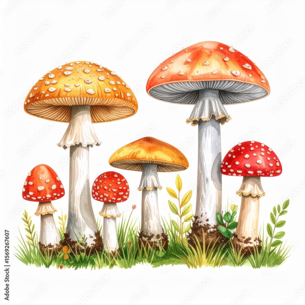 Obraz premium Watercolor Illustration of Red and Orange Mushrooms