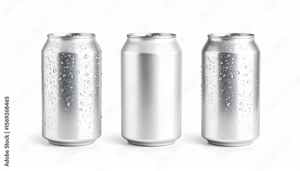Three Silver Aluminum Cans with Water Droplets on White Background Representing Cool Refreshing Beverages Three Silver Aluminum Cans with Water Droplets on White Background Representing Cool Refreshing Beverages