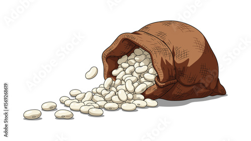 Illustration of white beans spilling from a rustic burlap sack isolated on white background
