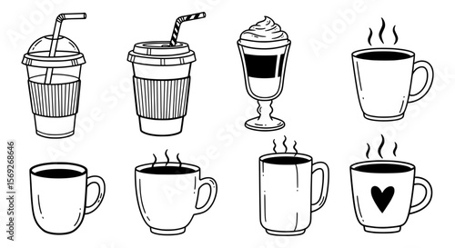 Collection of hand drawn coffee drinks including iced drinks in plastic cups with straws and hot beverages in ceramic mugs silhouette isolated on transparent background
