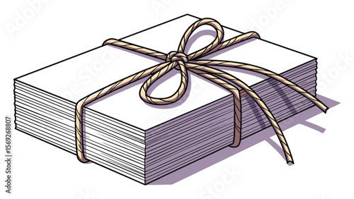 Stack of white paper with twine, blank sheets, stationery, business concept illustration for