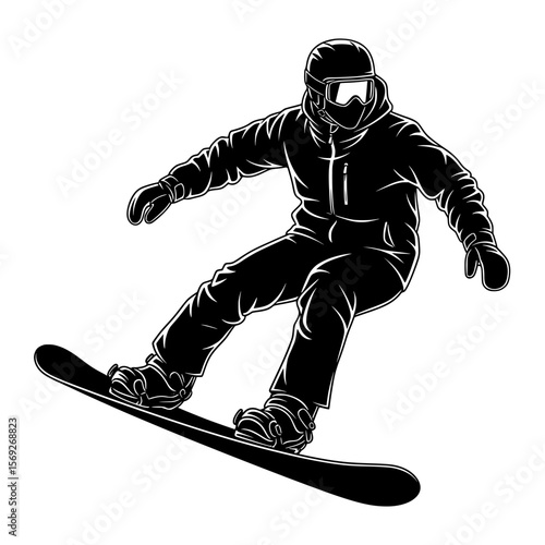 Dynamic silhouette of a snowboarder in action wearing helmet and goggles captured mid air on a snowboard isolated on transparent background silhouette
