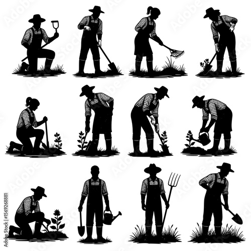 Collection of diverse people gardening and performing various outdoor tasks using tools like shovels rakes and watering cans silhouette isolated on transparent background