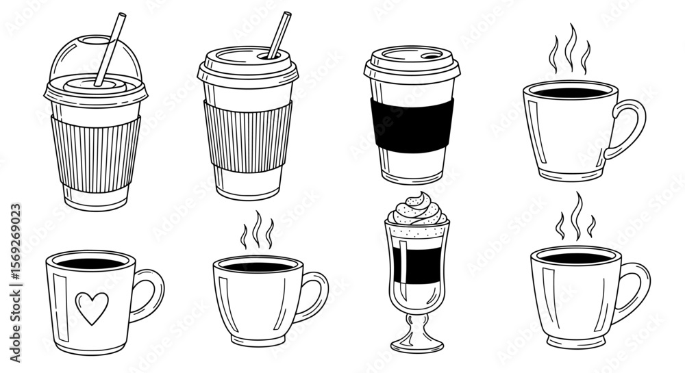 Obraz premium Collection of hand drawn coffee drinks including iced drinks in plastic cups with straws and hot beverages in ceramic mugs silhouette isolated on transparent background