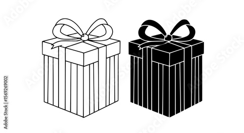 Two festive gift boxes with bows and ribbons drawn in a continuous line art style silhouette isolated on transparent background