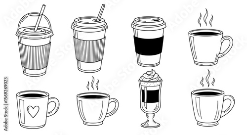 Collection of hand drawn coffee drinks including iced drinks in plastic cups with straws and hot beverages in ceramic mugs silhouette isolated on transparent background