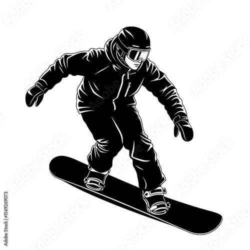 Dynamic silhouette of a snowboarder in action wearing helmet and goggles captured mid air on a snowboard isolated on transparent background silhouette