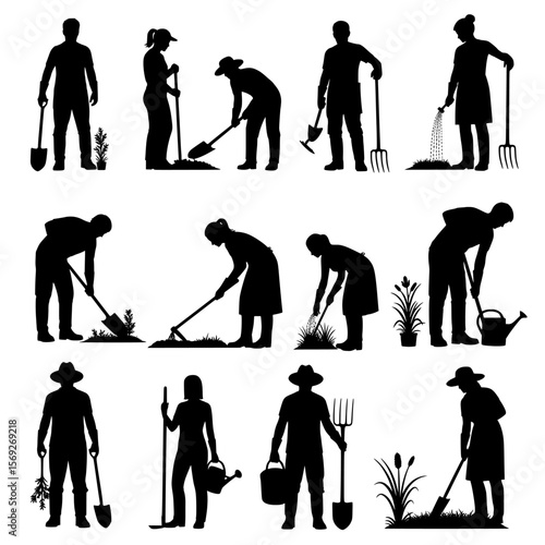 Collection of diverse people gardening and performing various outdoor tasks using tools like shovels rakes and watering cans silhouette isolated on transparent background