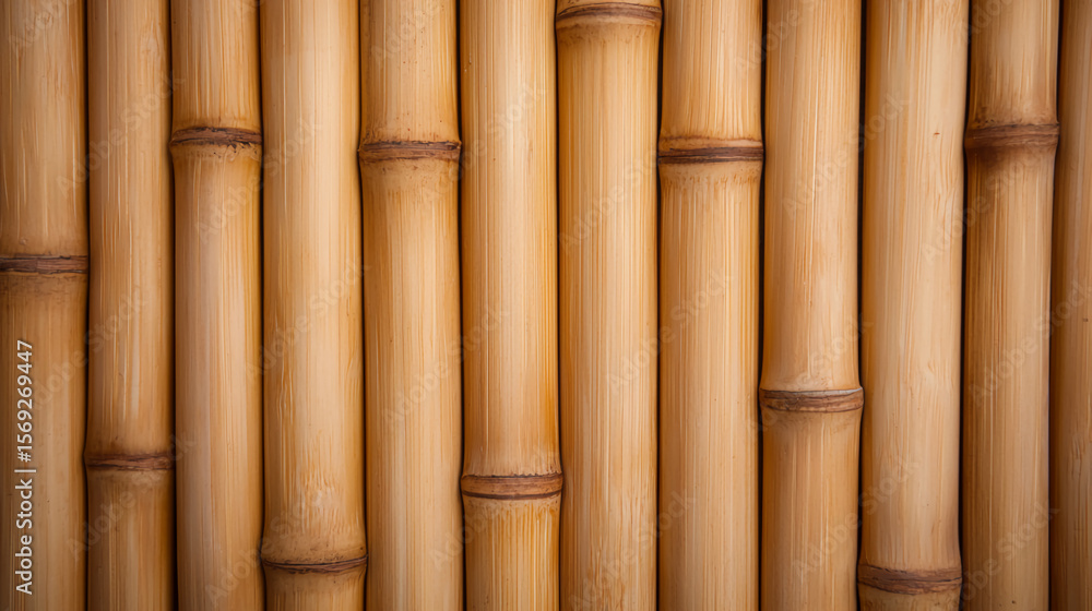 Fototapeta premium Close-up image of vertical bamboo stalks with natural texture and warm tones, creating a repeating pattern.