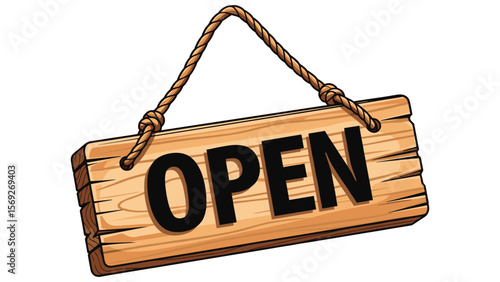 Rustic wooden open sign illustration with rope for small business promotion and advertising