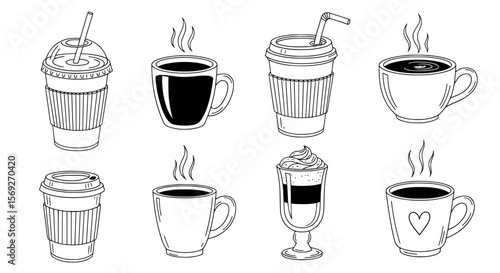 Collection of hand drawn coffee drinks including iced drinks in plastic cups with straws and hot beverages in ceramic mugs silhouette isolated on transparent background