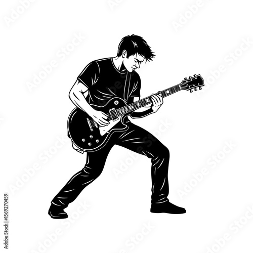 Dynamic black silhouette of a bearded man playing an electric guitar with intense focus and passion isolated on transparent background silhouette