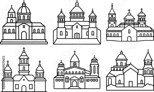 Set of monastery outline vector illustration line art