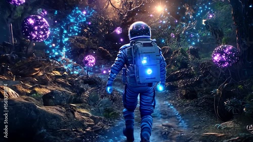 Astronaut exploring a vibrant, otherworldly forest path lit by glowing orbs