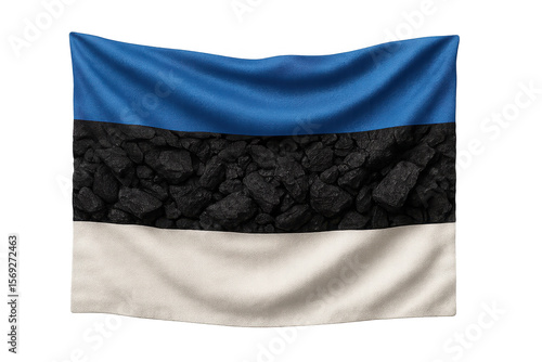 Estonian flag with coal texture isolated on transparent background, energy theme