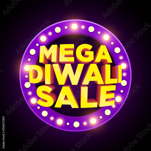 Mega Diwali Sale Banner Design with Glowing Lights and 3D Bold Text on Dark Background for Indian Festival Promotion.