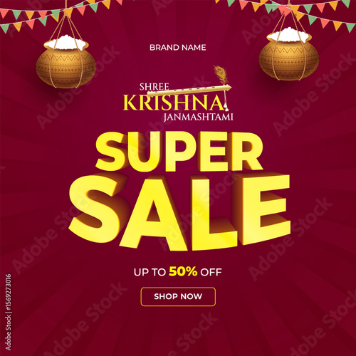 Happy janmashtmi sale banner with dahi handi. Vector illustration of Happy Krishna Janmashtami Sale social media feed template