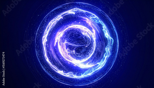 Magnetic vortex of glowing particles swirling around a central orb of pure energy. Deep cosmic tone