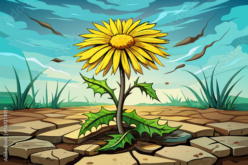 vector of A yellow dandelion bravely blooms from the cracked ground, symbolizing strength and hope in the midst of hardship.