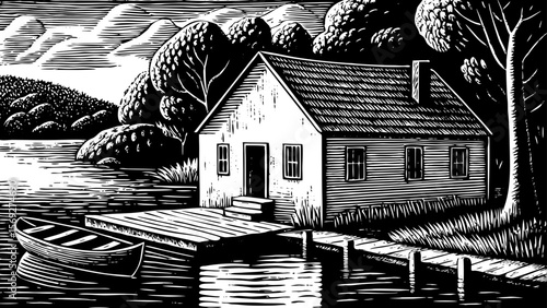 lakeside cottage with a small wooden dock and a rowboat tied beside it a black and white line art illustration