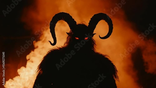 Silhouette of Krampus with Glowing Red Eyes and Smoke Against Night Sky

