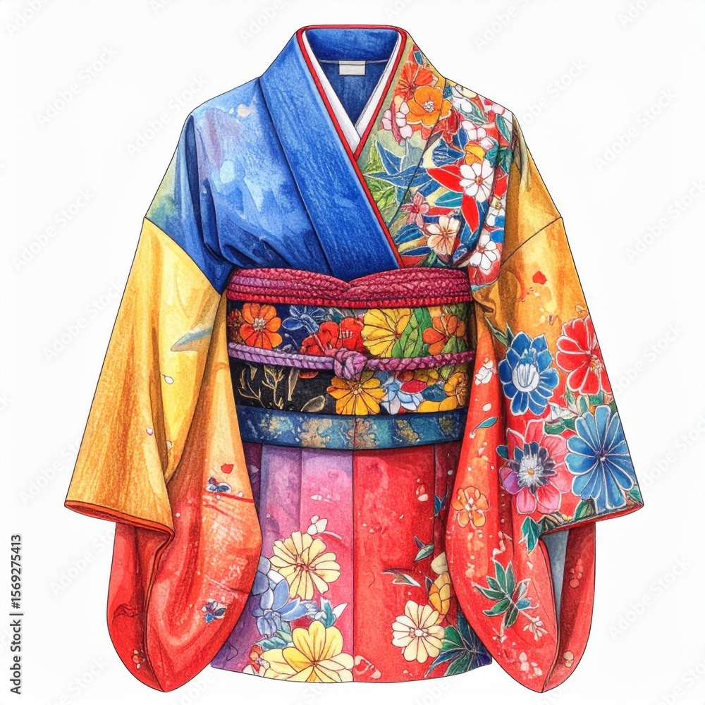 Naklejka premium Colorful Floral Japanese Kimono with Vibrant Design