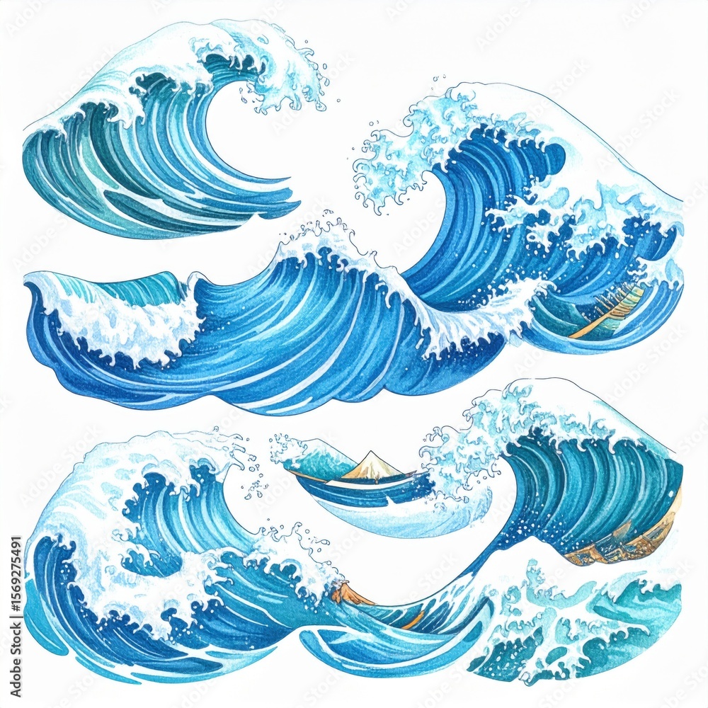 Obraz premium Blue Ocean Waves Illustration: Japanese Style Water Art
