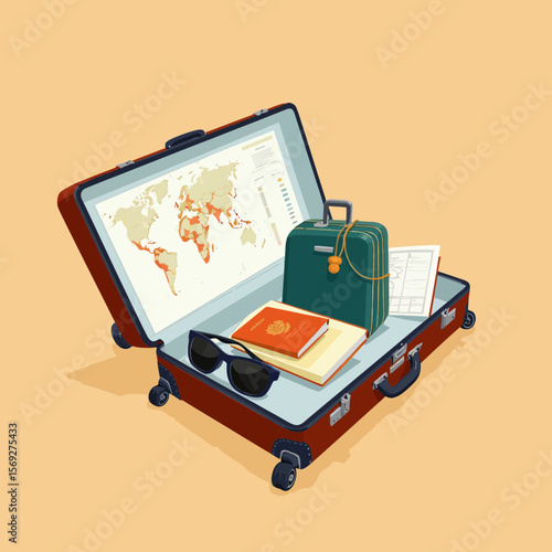Open suitcase with travel items, map, and sunglasses on orange background  