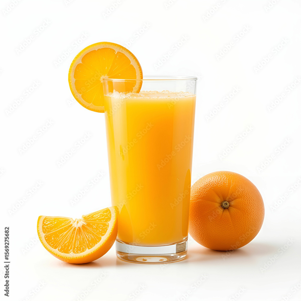 Glass of fresh orange juice isolated on white background, highlighting its vibrant color, refreshing taste. Glass of fresh orange juice isolated on white background, highlighting its vibrant color, refreshing taste.