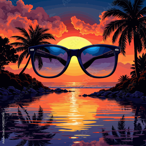 Tropical sunset reflected in sunglasses over calm water  